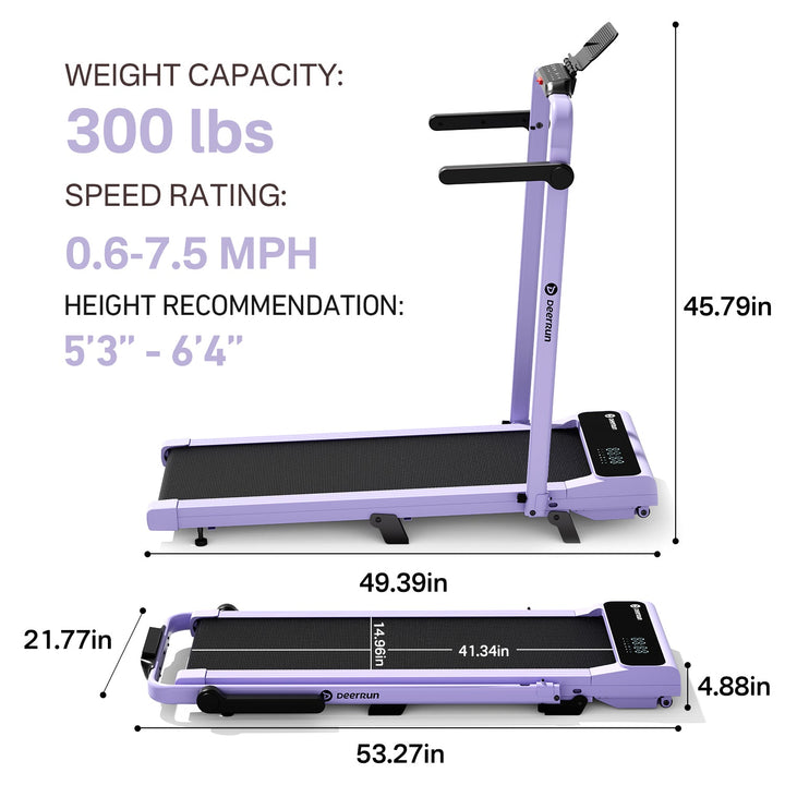 DeerRun A6 Plus Handle 5% Incline 2 in 1 Foldable Treadmill with Whole Screen Upgraded Chip &amp; NFC Support | 300 lbs, 7.5 mph, Purple