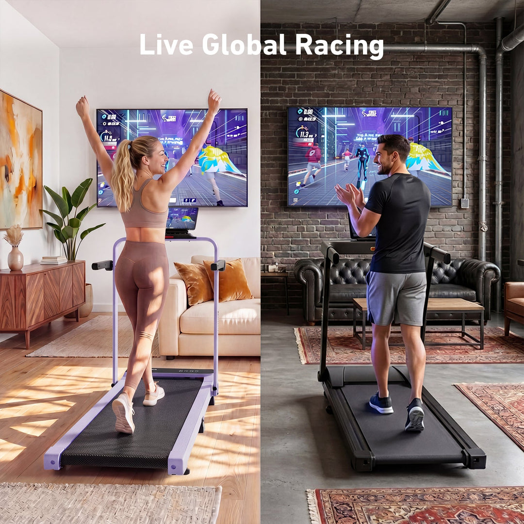 DeerRun A6 Plus Handle 5% Incline 2 in 1 Foldable Treadmill with Whole Screen Upgraded Chip &amp; NFC Support | 300 lbs, 7.5 mph, Purple