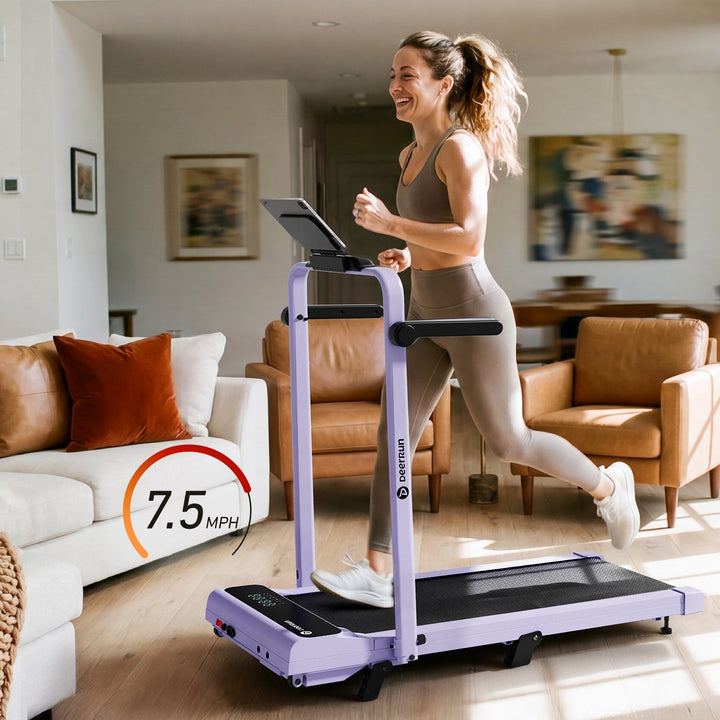DeerRun A6 Plus Handle 5% Incline 2 in 1 Foldable Treadmill with Whole Screen Upgraded Chip &amp; NFC Support | 300 lbs, 7.5 mph, Purple