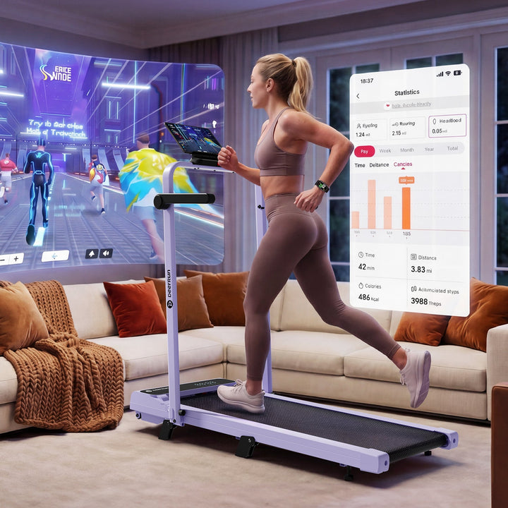DeerRun A6 Plus Handle 5% Incline 2 in 1 Foldable Treadmill with Whole Screen Upgraded Chip &amp; NFC Support | 300 lbs, 7.5 mph, Purple