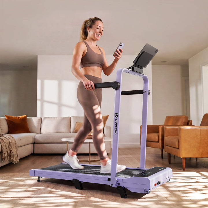 DeerRun A6 Plus Handle 5% Incline 2 in 1 Foldable Treadmill with Whole Screen Upgraded Chip &amp; NFC Support | 300 lbs, 7.5 mph, Purple