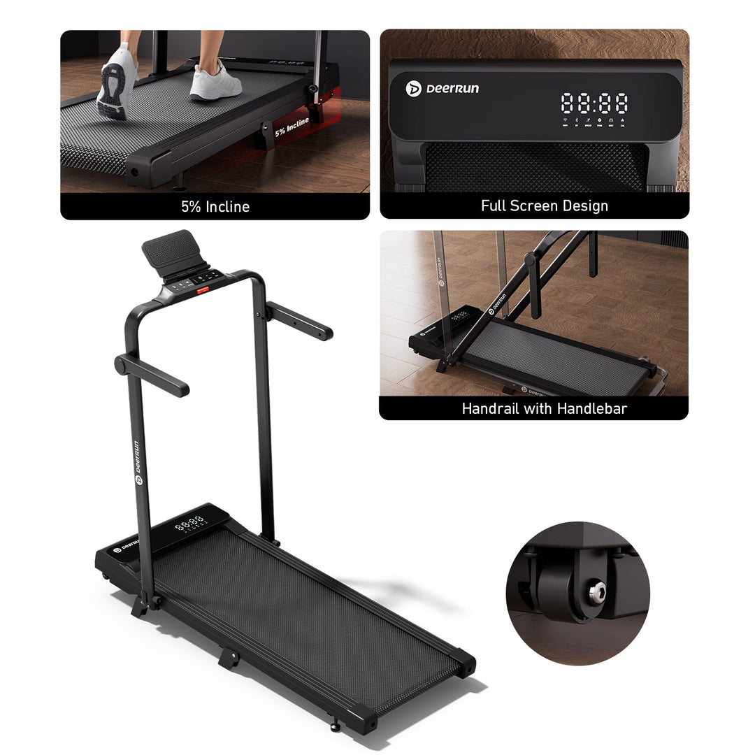 DeerRun A6 Plus Quiet 2-in-1 Foldable Treadmill for Home Walk, Run &amp; Save Space -With 5% Incline, Handlebar &amp; Full Display Screen