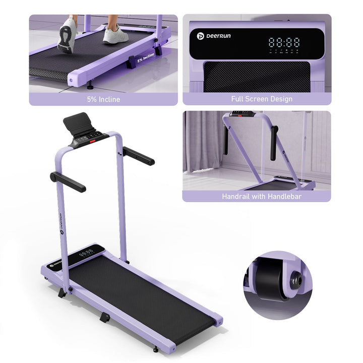 DeerRun A6 Plus Handle 5% Incline 2 in 1 Foldable Treadmill with Whole Screen Upgraded Chip &amp; NFC Support | 300 lbs, 7.5 mph, Purple