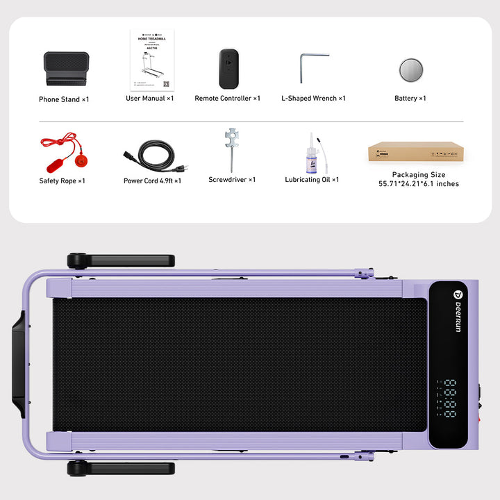 DeerRun A6 Plus Handle 5% Incline 2 in 1 Foldable Treadmill with Whole Screen Upgraded Chip &amp; NFC Support | 300 lbs, 7.5 mph, Purple